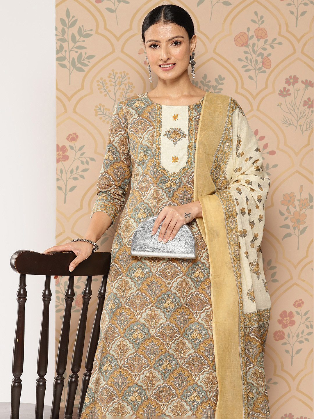 

Yufta Women Ethnic Motifs Printed Sequinned Cotton Kurta with Harem Pants & Dupatta, Brown