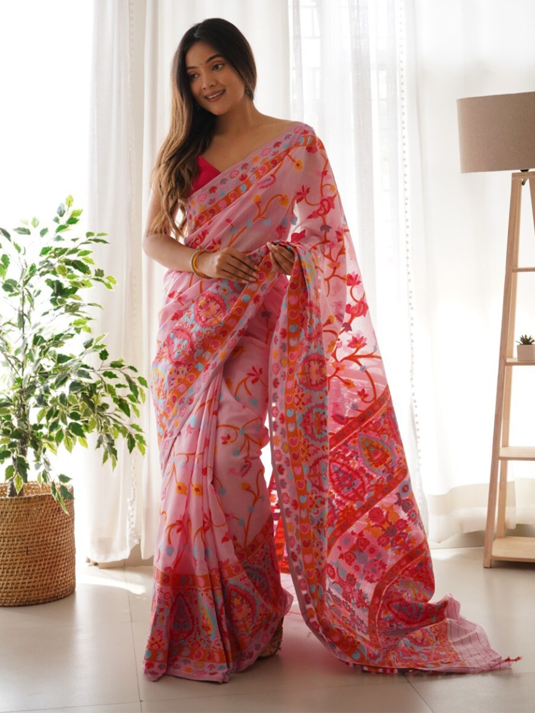 

VEERAX Floral Woven Design Pashmina Jamdani Saree, Pink