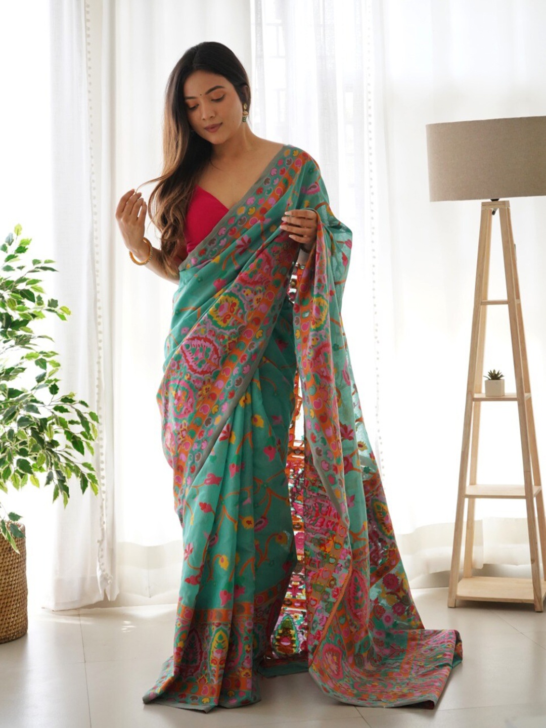 

VEERAX Floral Woven Design Pashmina Jamdani Saree, Sea green