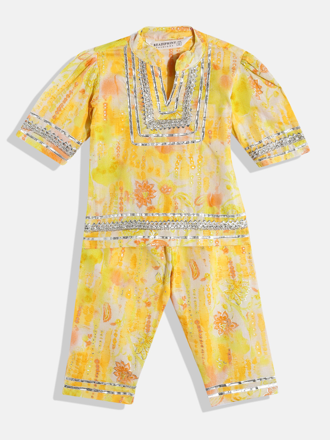 

Readiprint Fashions Girls Floral Printed Gotta Patti Pure Cotton Kurti With Pyjamas, Yellow
