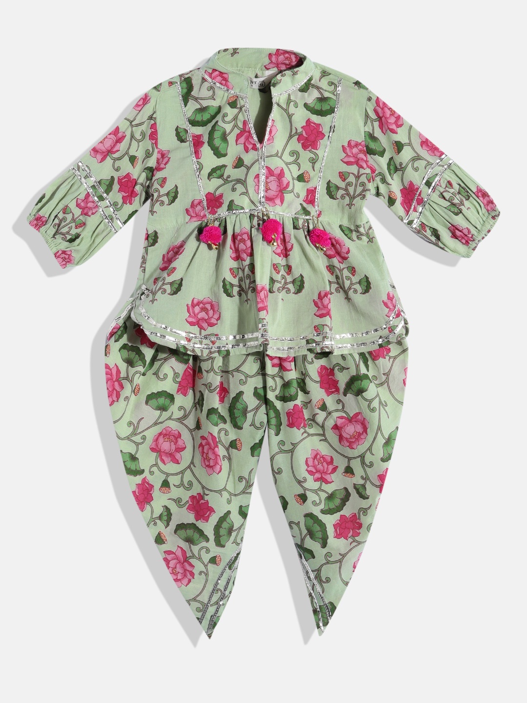 

Readiprint Fashions Girls Floral Printed Gotta Patti Pure Cotton Kurti With Dhoti Pants, Green