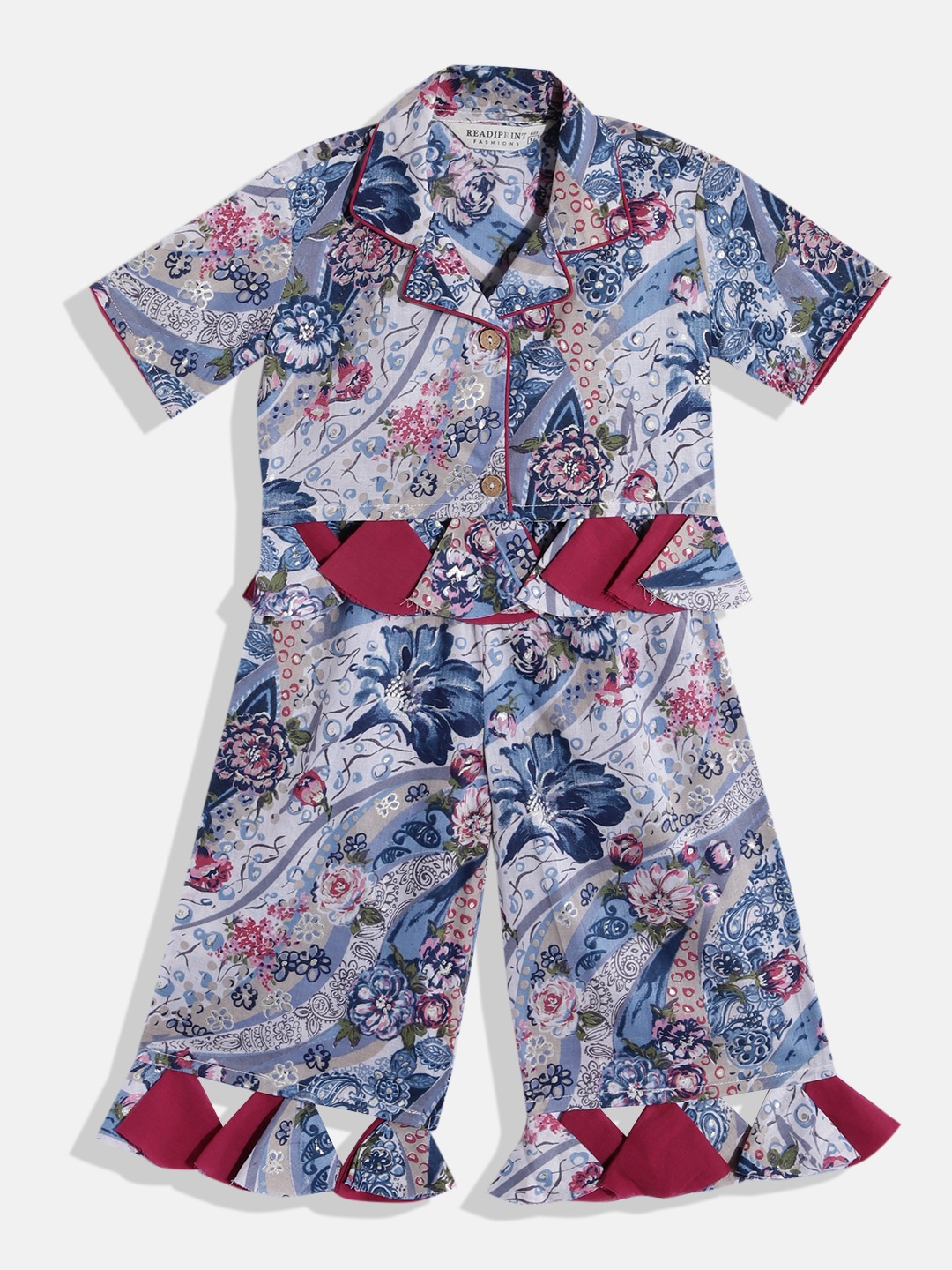 

Readiprint Fashions Girls Printed Pure Cotton Shirt With Palazzos, Blue