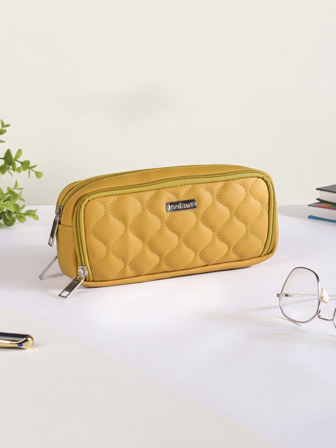 

Nestasia Yellow Self-Design Vegan Leather Multi Purpose Organizer Pouch
