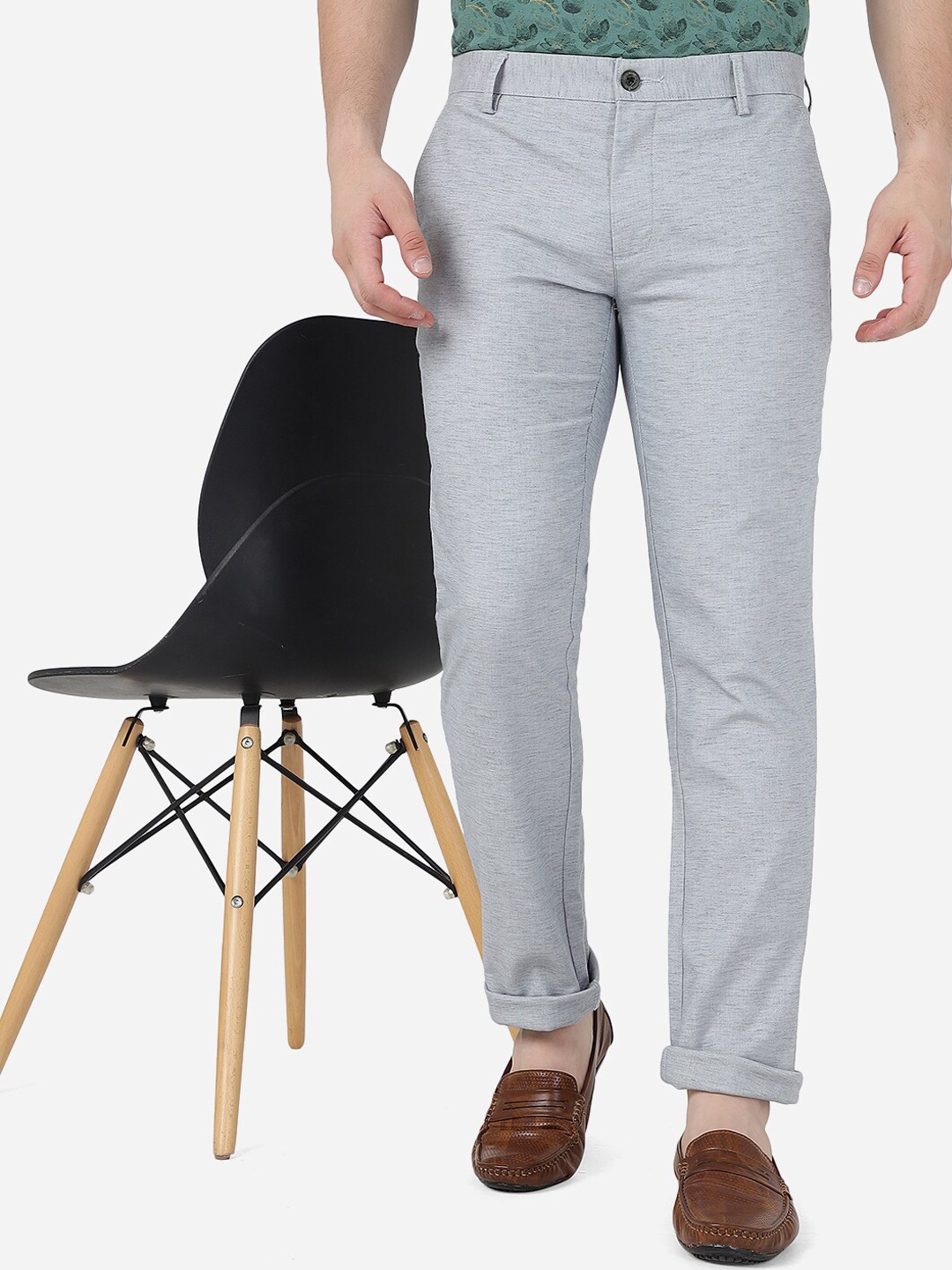 

JADE BLUE Men Slim Fit Mid-Rise Pure Cotton Trousers, Grey
