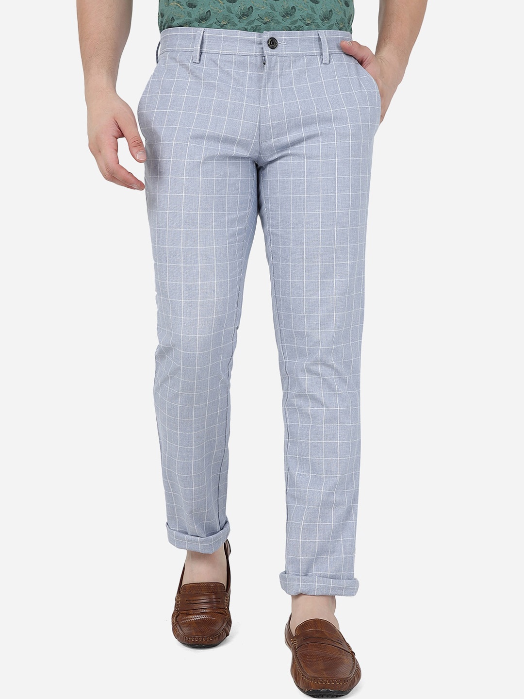 

JADE BLUE Men Slim Fit Checked Mid-Rise Pure Cotton Trousers, Grey