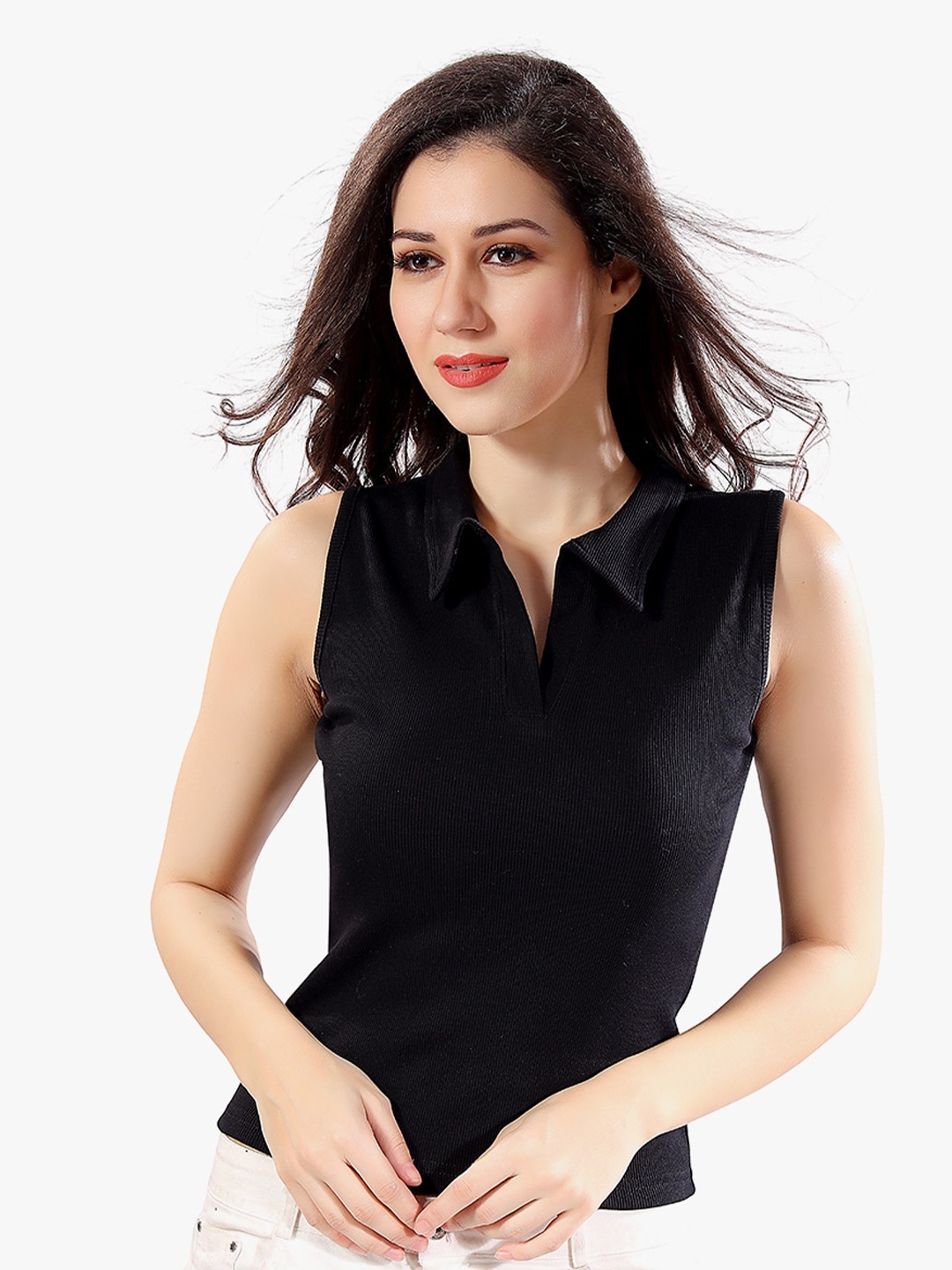 

TRASA Brown Shirt Collar Sleeveless Ribbed Cotton Top, Black