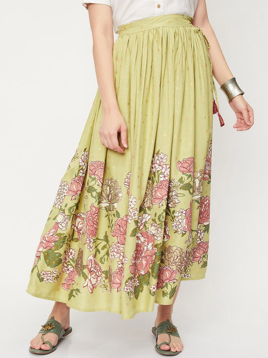 

max Floral Printed Midi Flared Skirt, Green