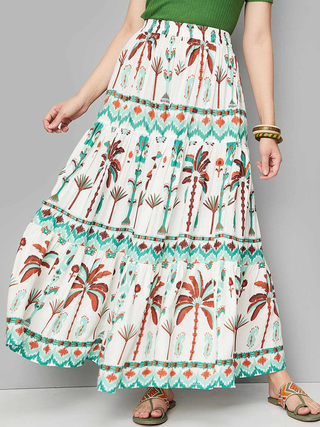 

max Tropical Printed Maxi Flared Skirt, White