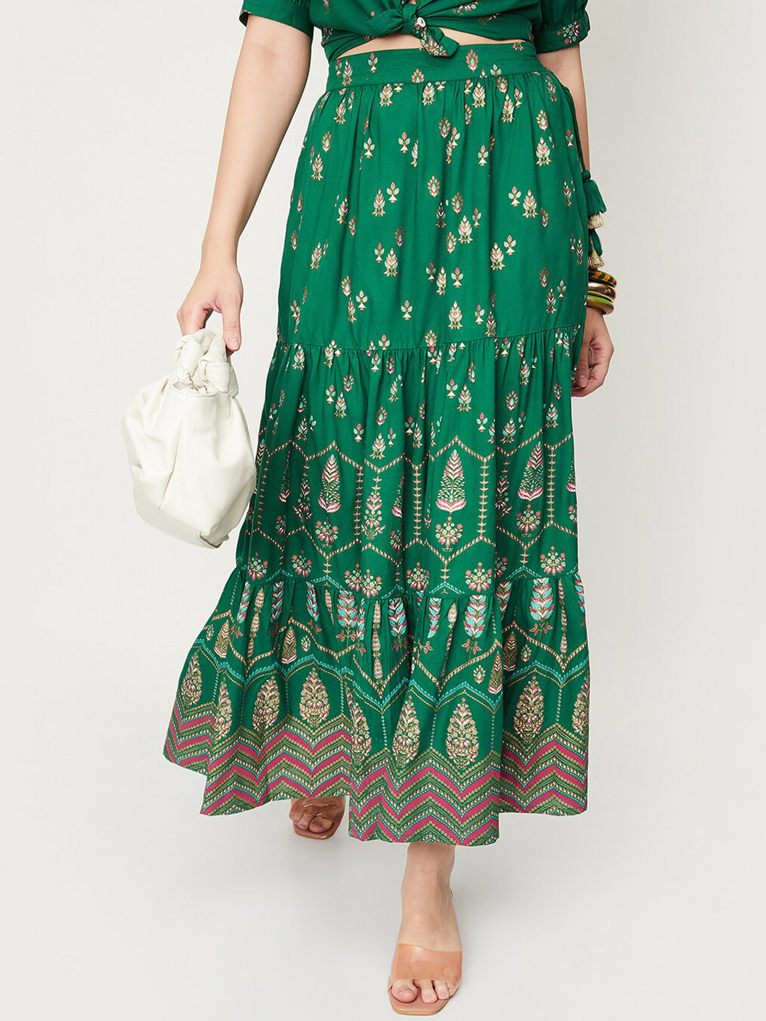 

max Ethnic Printed Tiered Maxi Skirt, Green