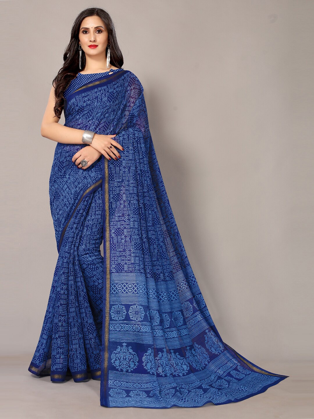 

Shaily Navy Blue & Gold-Toned Ethnic Motifs Zari Saree
