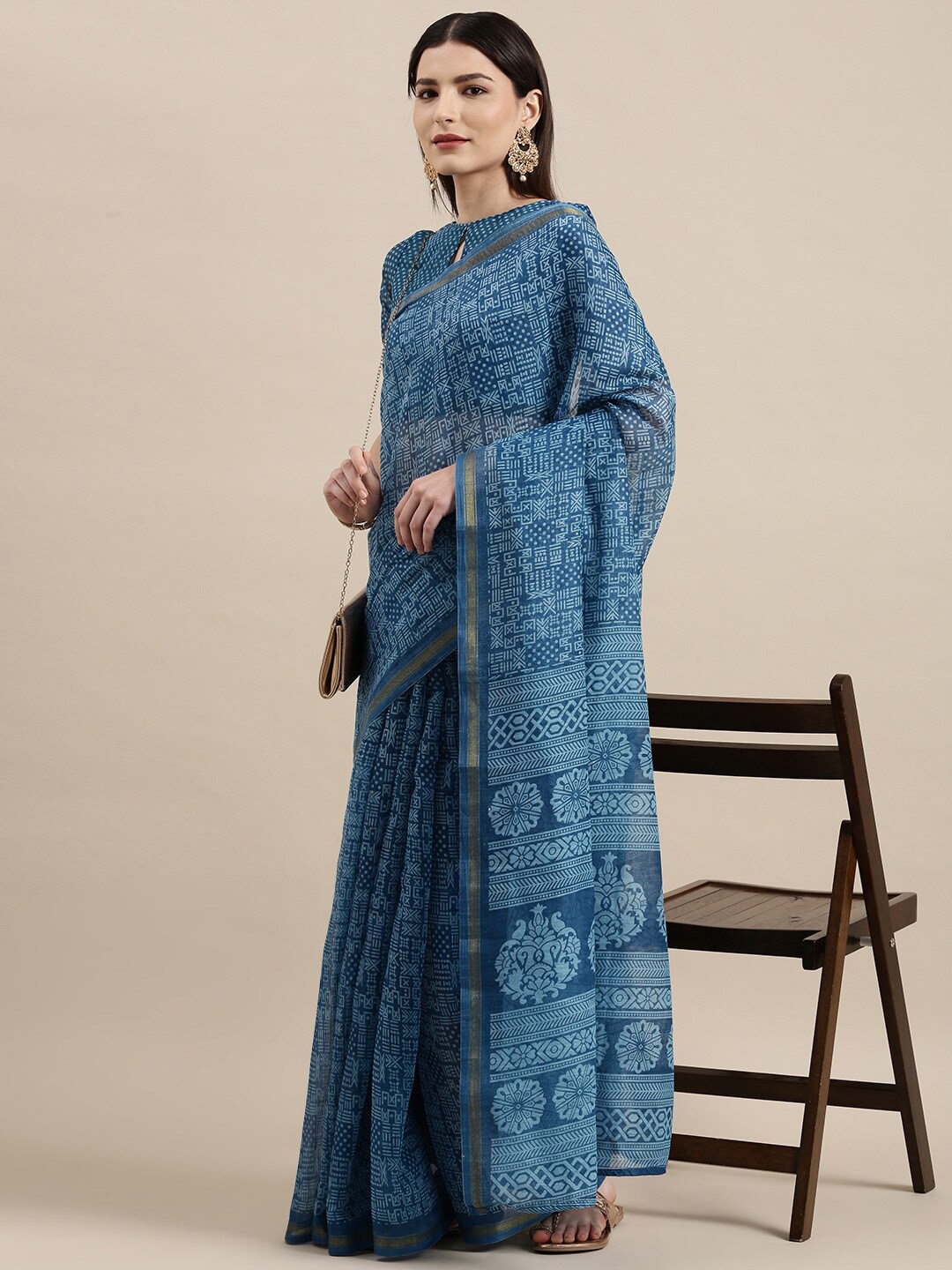 

Shaily Blue & Gold-Toned Ethnic Motifs Zari Saree