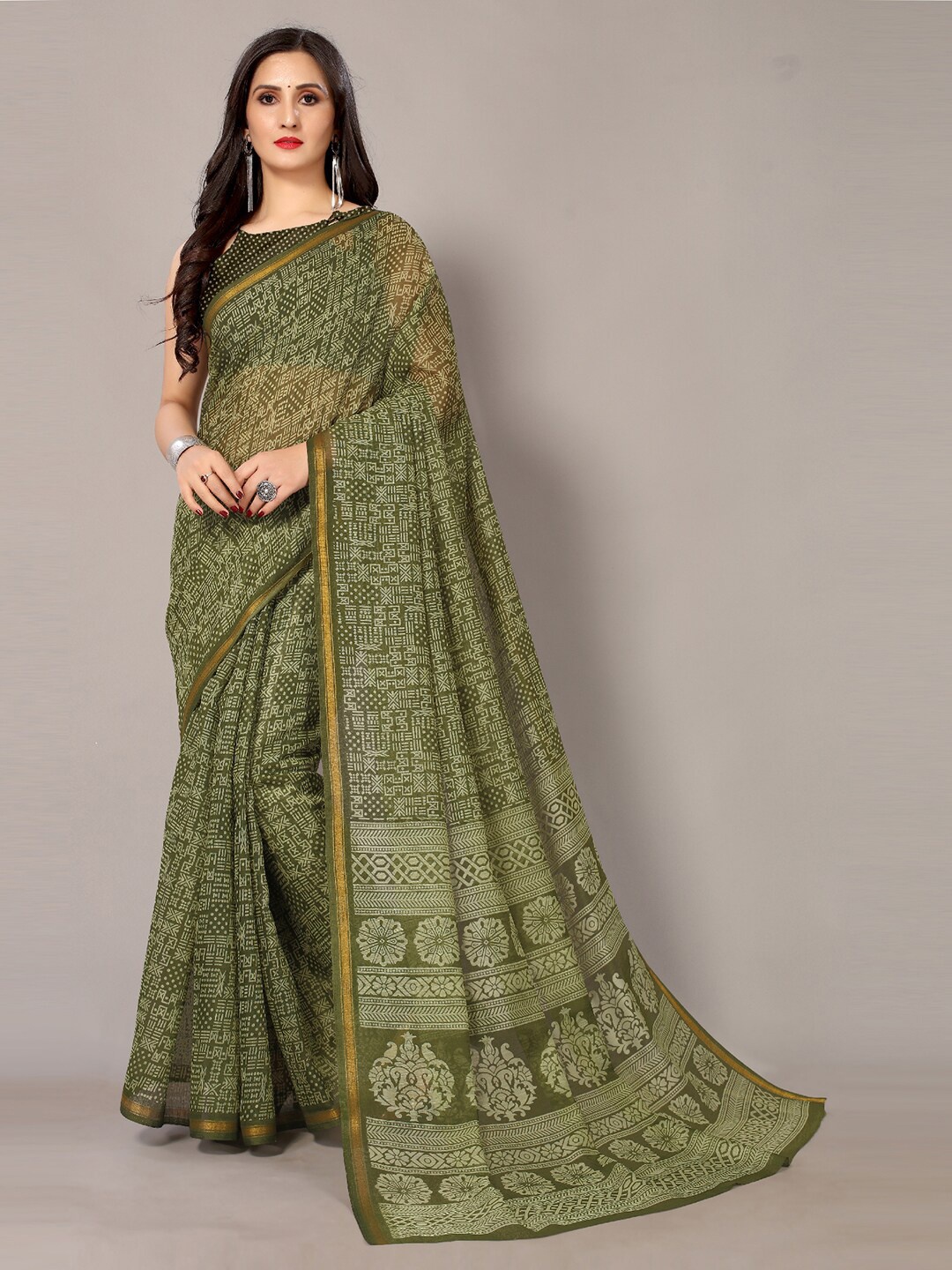 

Shaily Olive Green Geometric Printed Zari Saree