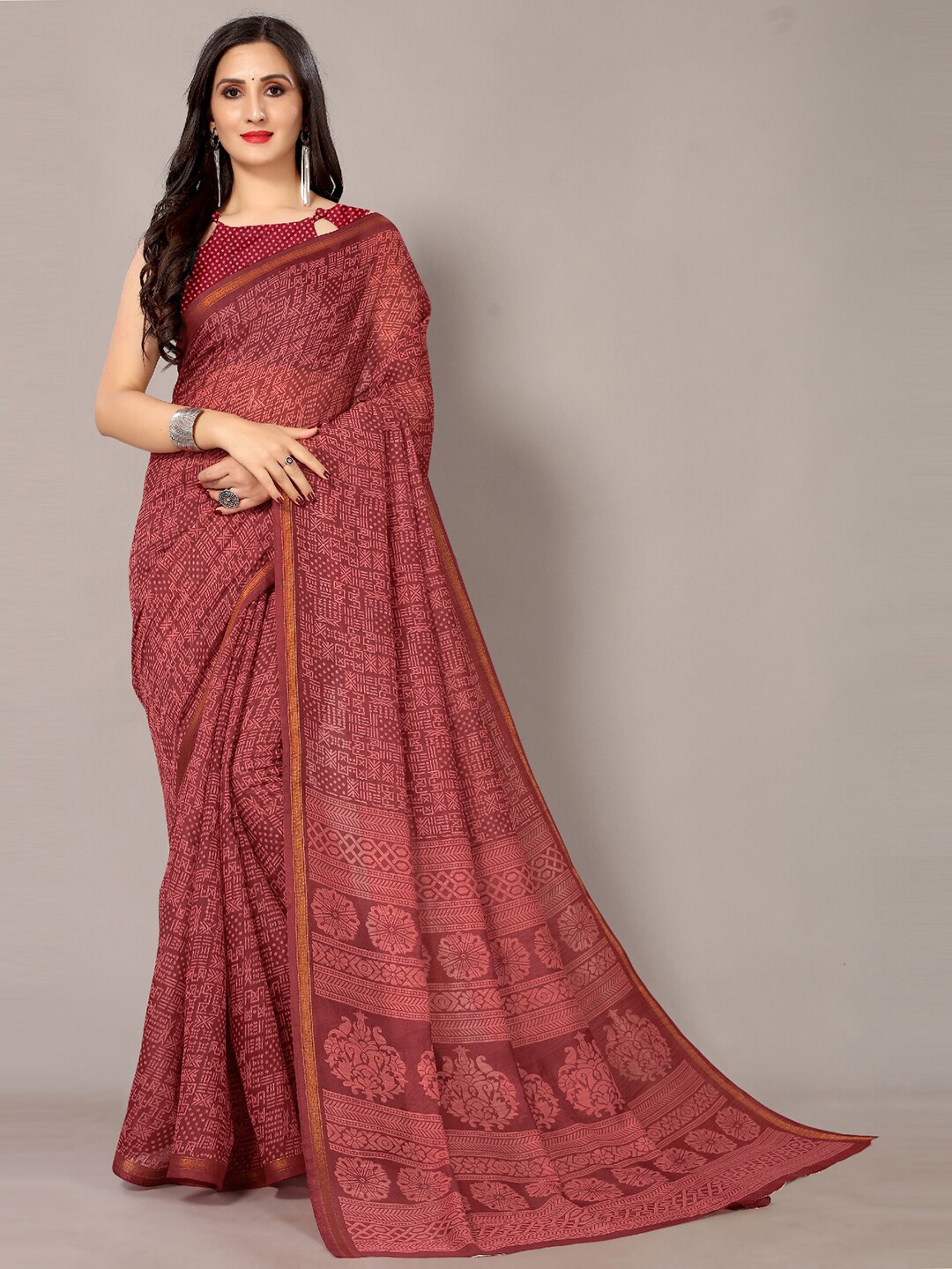 

Shaily Maroon Geometric Printed Zari Saree