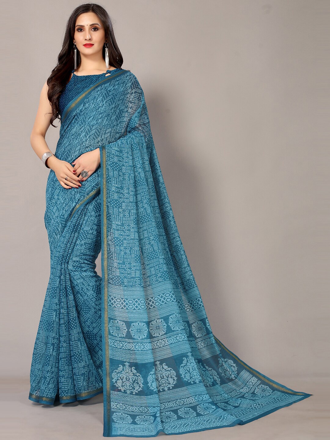 

Shaily Blue & Gold-Toned Ethnic Motifs Zari Saree