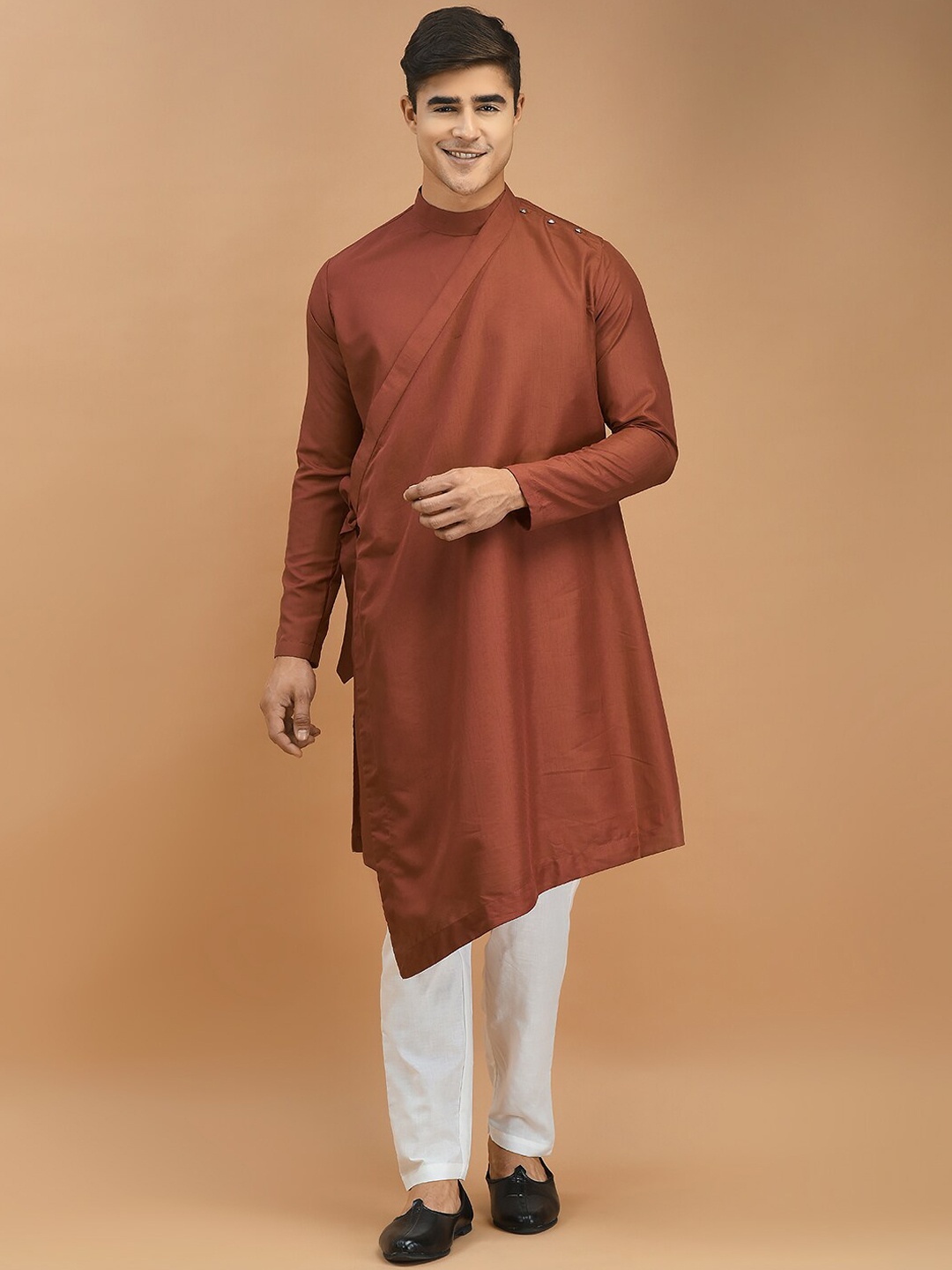 

DEYANN Regular Linen A-Line Kurta with Trousers, Brown