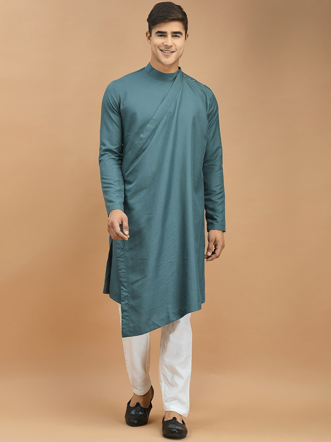 

DEYANN Mandarin Collar Linen Kurta With Pyjamas Set, Green