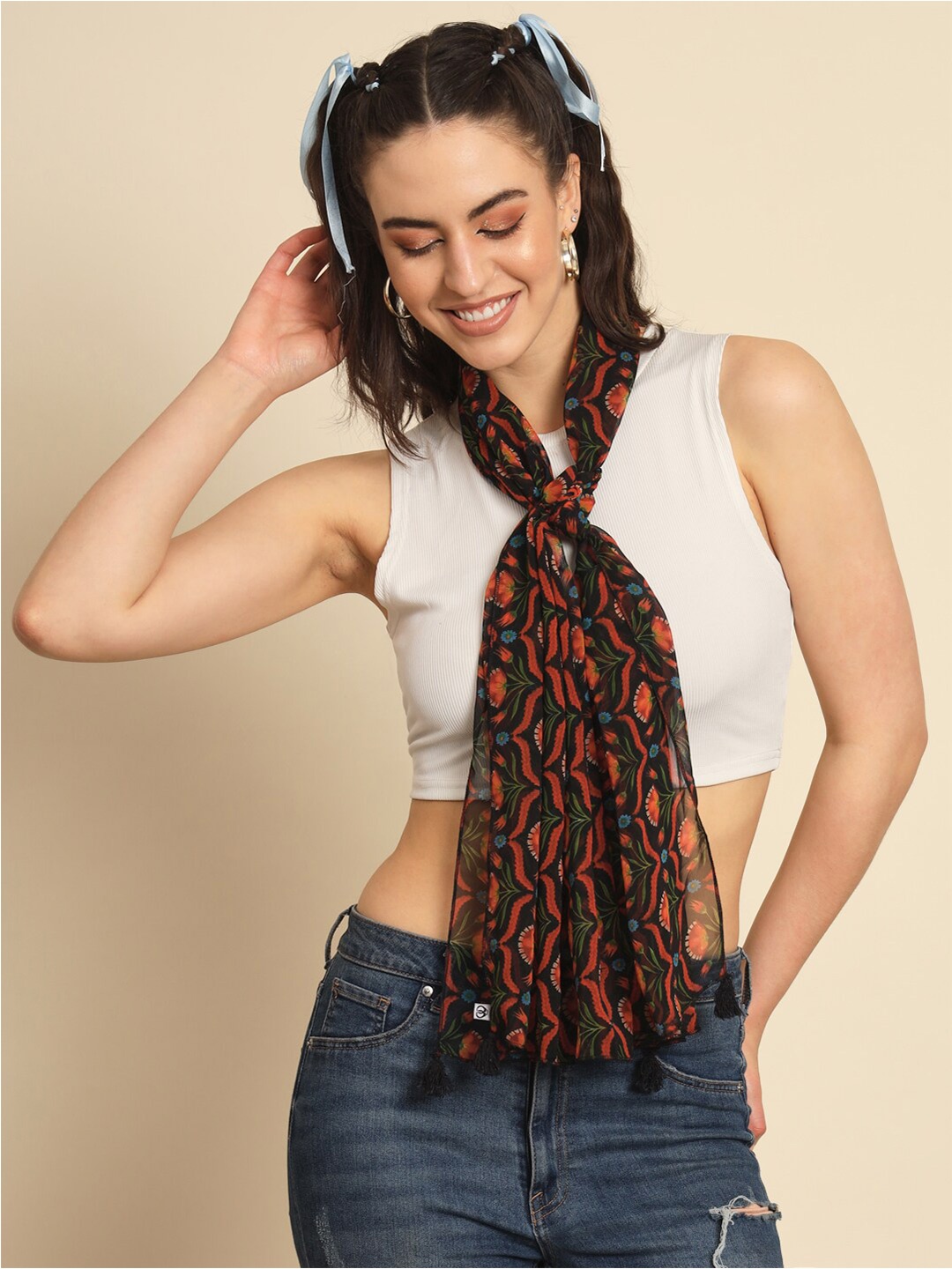 

Trend Arrest Women Printed Scarf With Tassels, Black