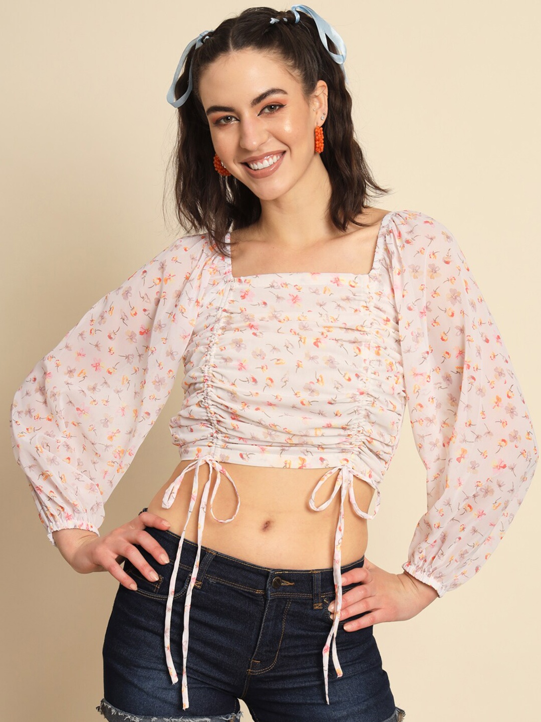 

Trend Arrest Floral Printed Square Neck Puff Sleeve Ruched Georgette Crop Top, White
