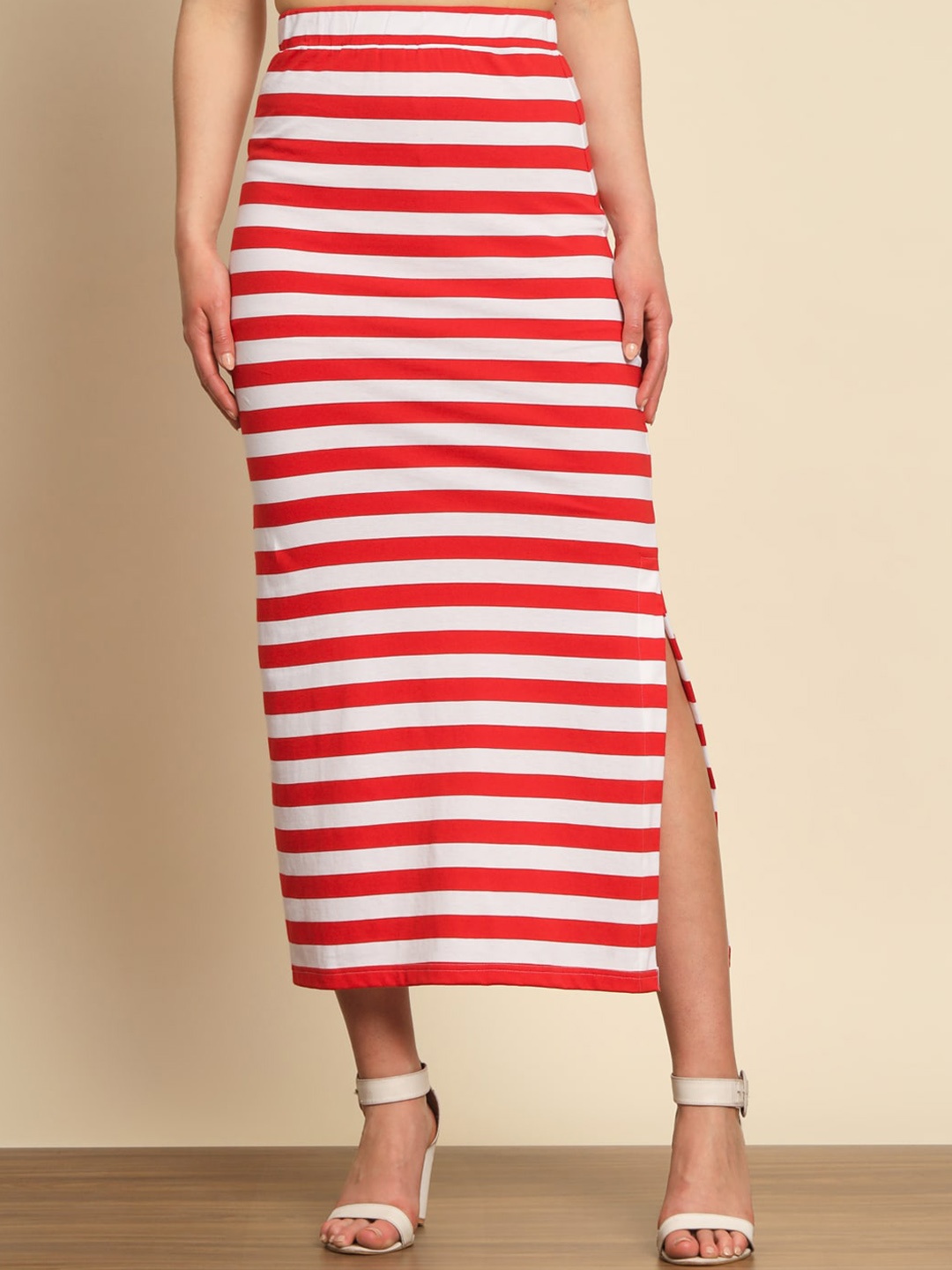 

Trend Arrest Striped Midi Slit Pure Cotton Skirts, Red