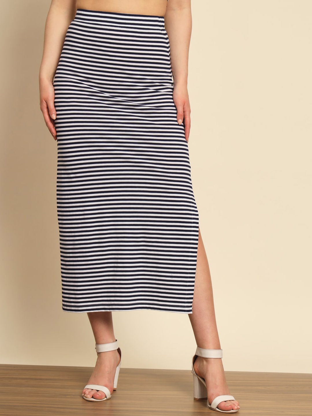 

Trend Arrest Striped Pure Cotton Slit Skirt, Navy blue