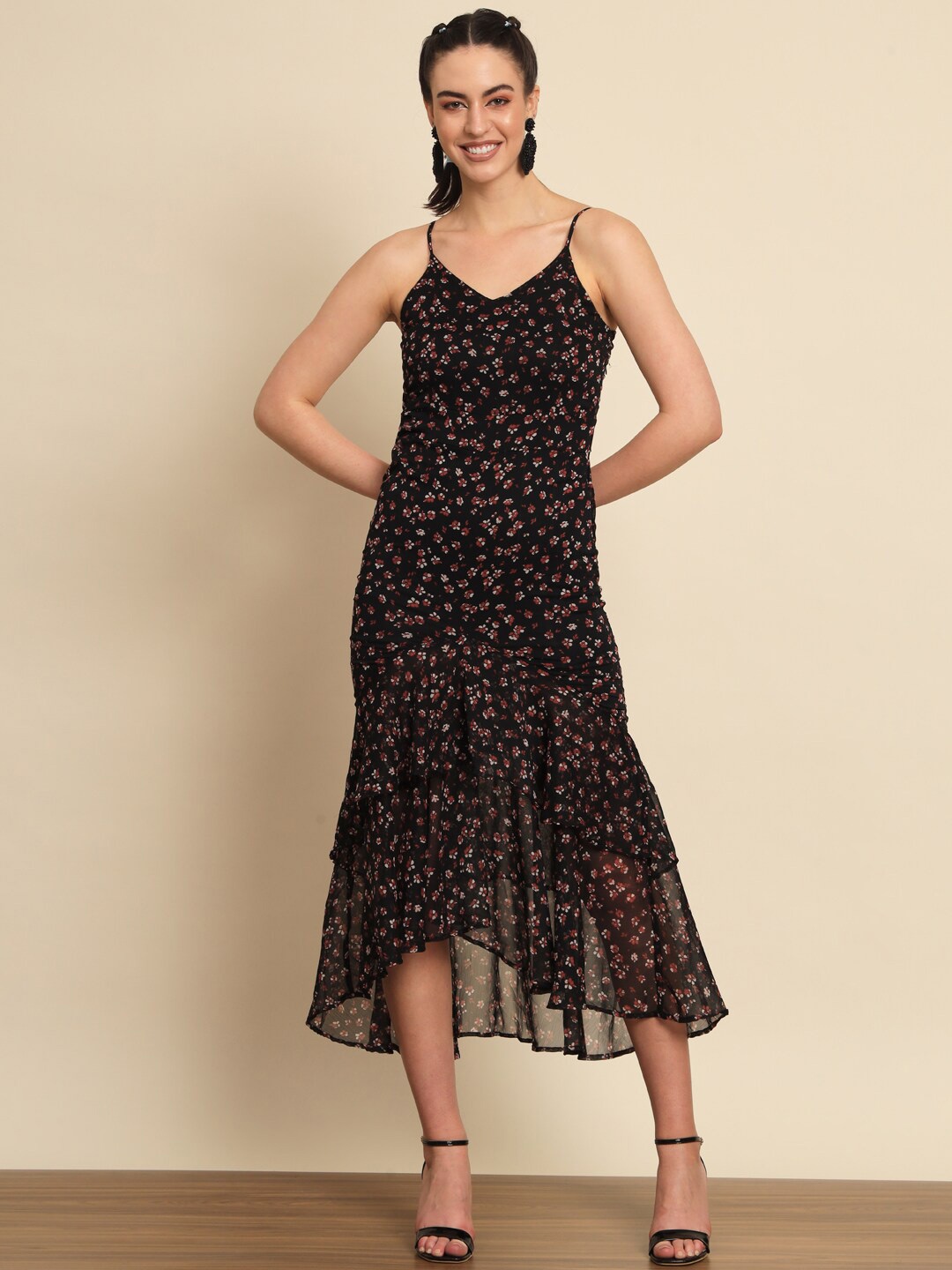 

Trend Arrest Floral Print Chiffon A-Line Maxi Dress, Black