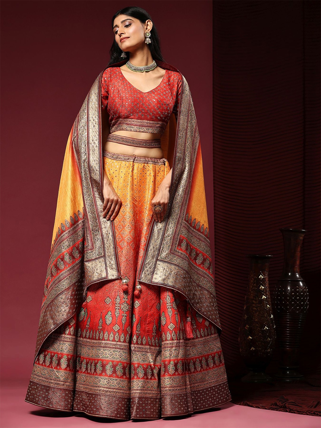 

Phenav Embroidered Khari Print Ready to Wear Lehenga & Blouse With Dupatta, Yellow