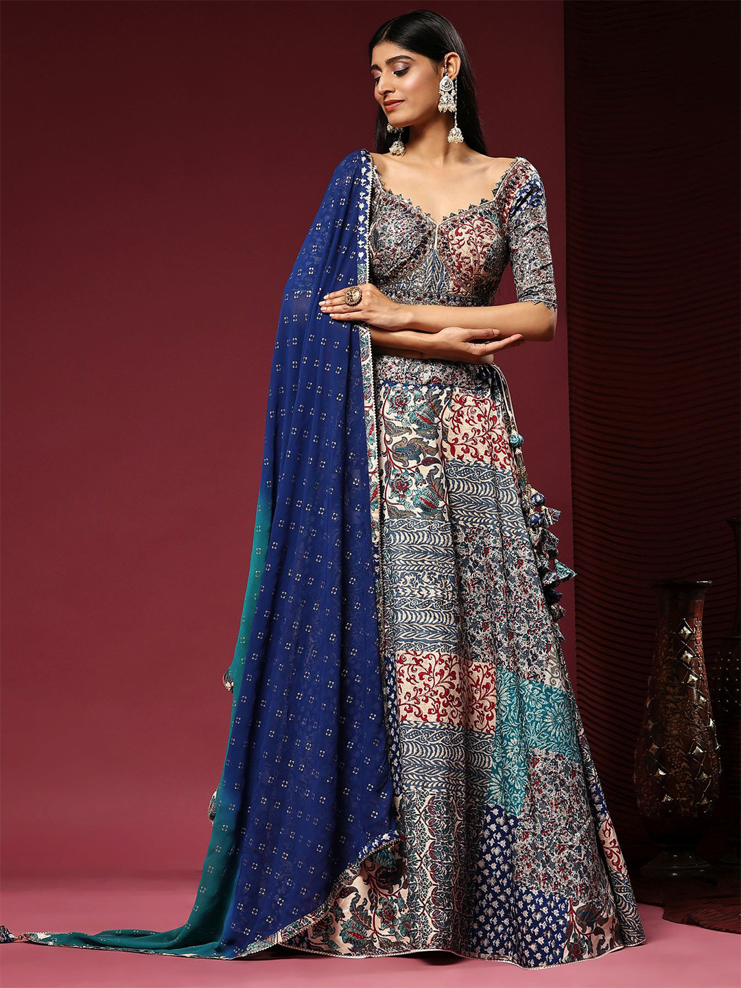 

Phenav Printed Ready to Wear Lehenga & Blouse With Dupatta, Blue