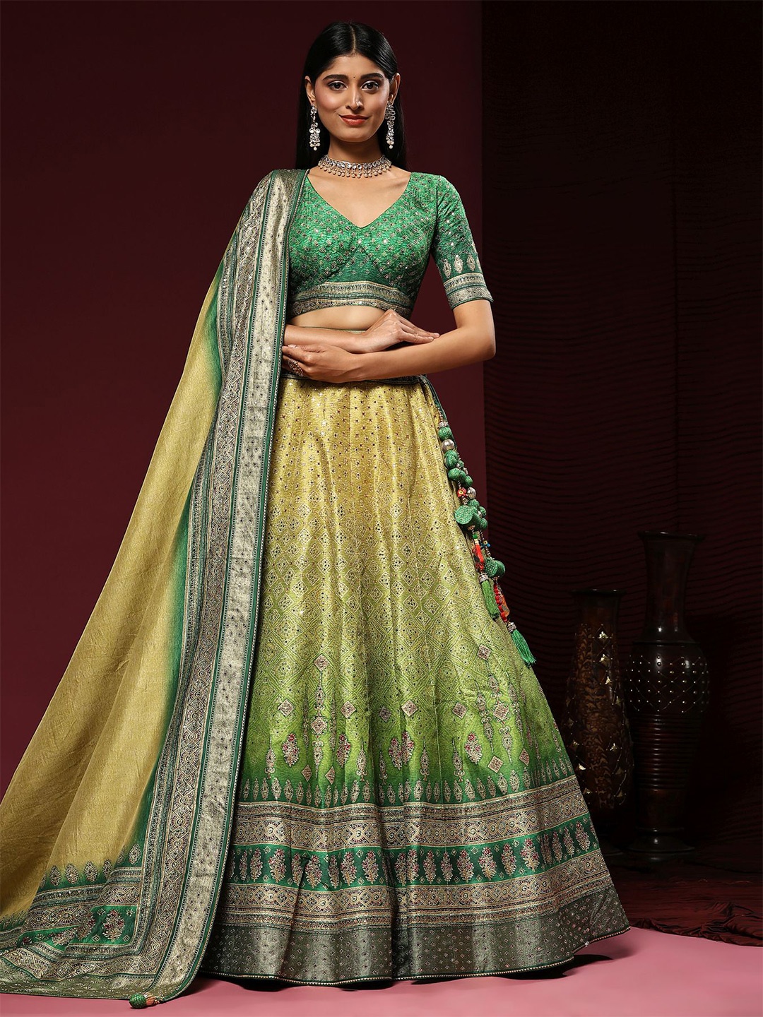 

Phenav Embroidered Khari Print Ready to Wear Lehenga & Blouse With Dupatta, Green