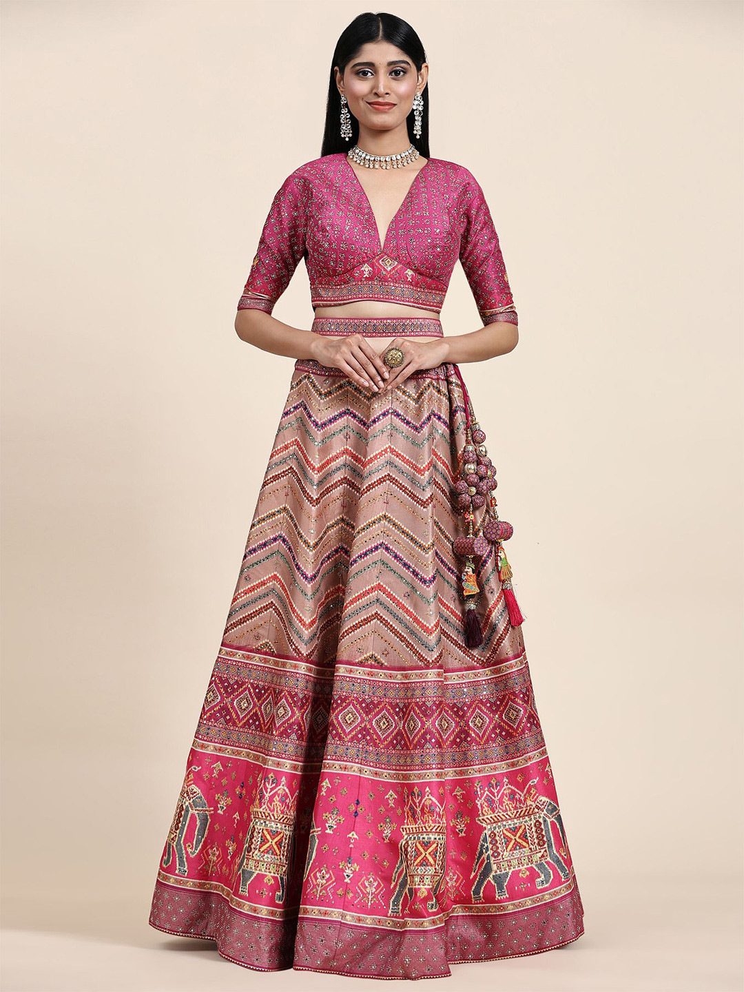 

Phenav Printed Khari Print Ready to Wear Lehenga & Blouse With Dupatta, Pink