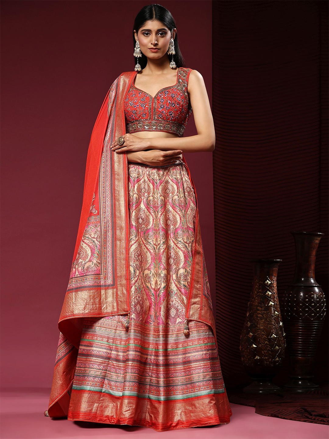 

Phenav Embroidered Khari Print Ready to Wear Lehenga & Blouse With Dupatta, Red