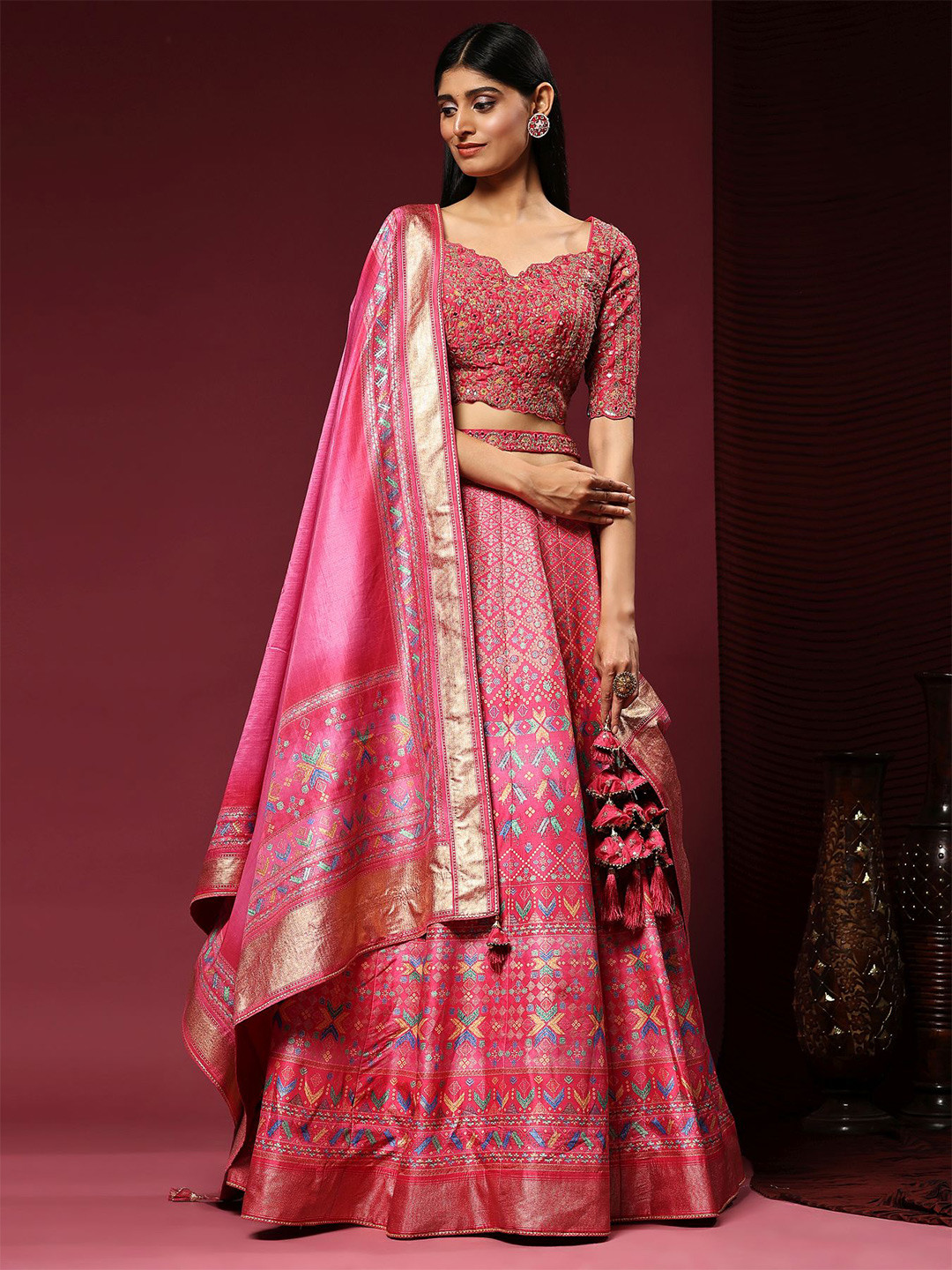 

Phenav Embroidered Thread Work Ready to Wear Lehenga & Blouse With Dupatta, Pink