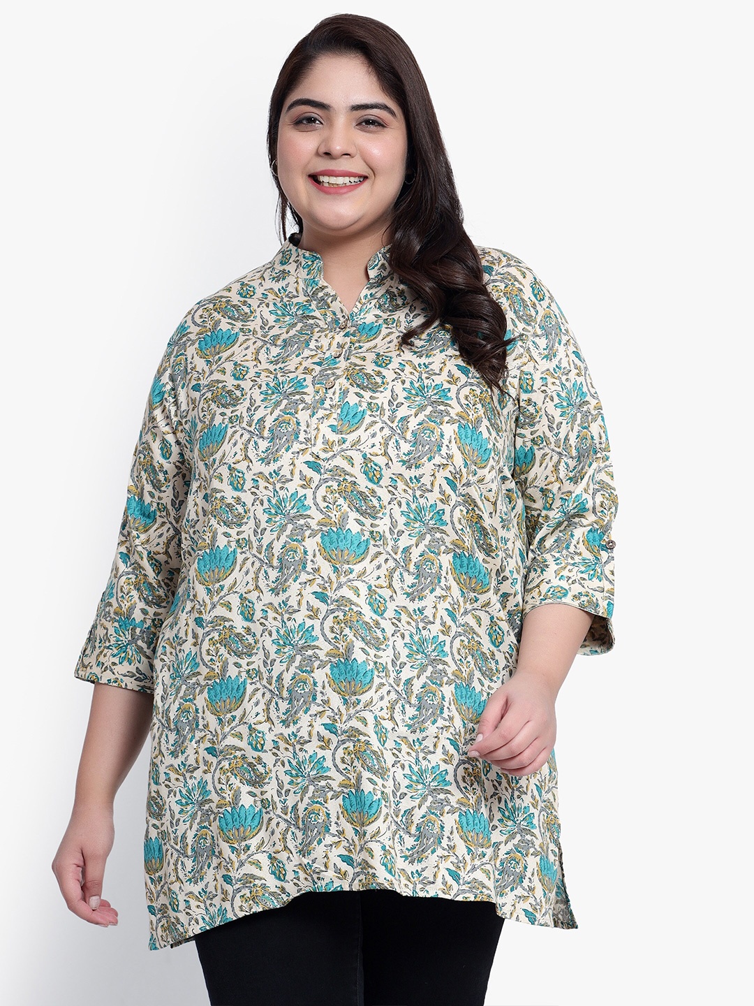 

Indietoga Plus Size Floral Printed Cotton Tunic, White