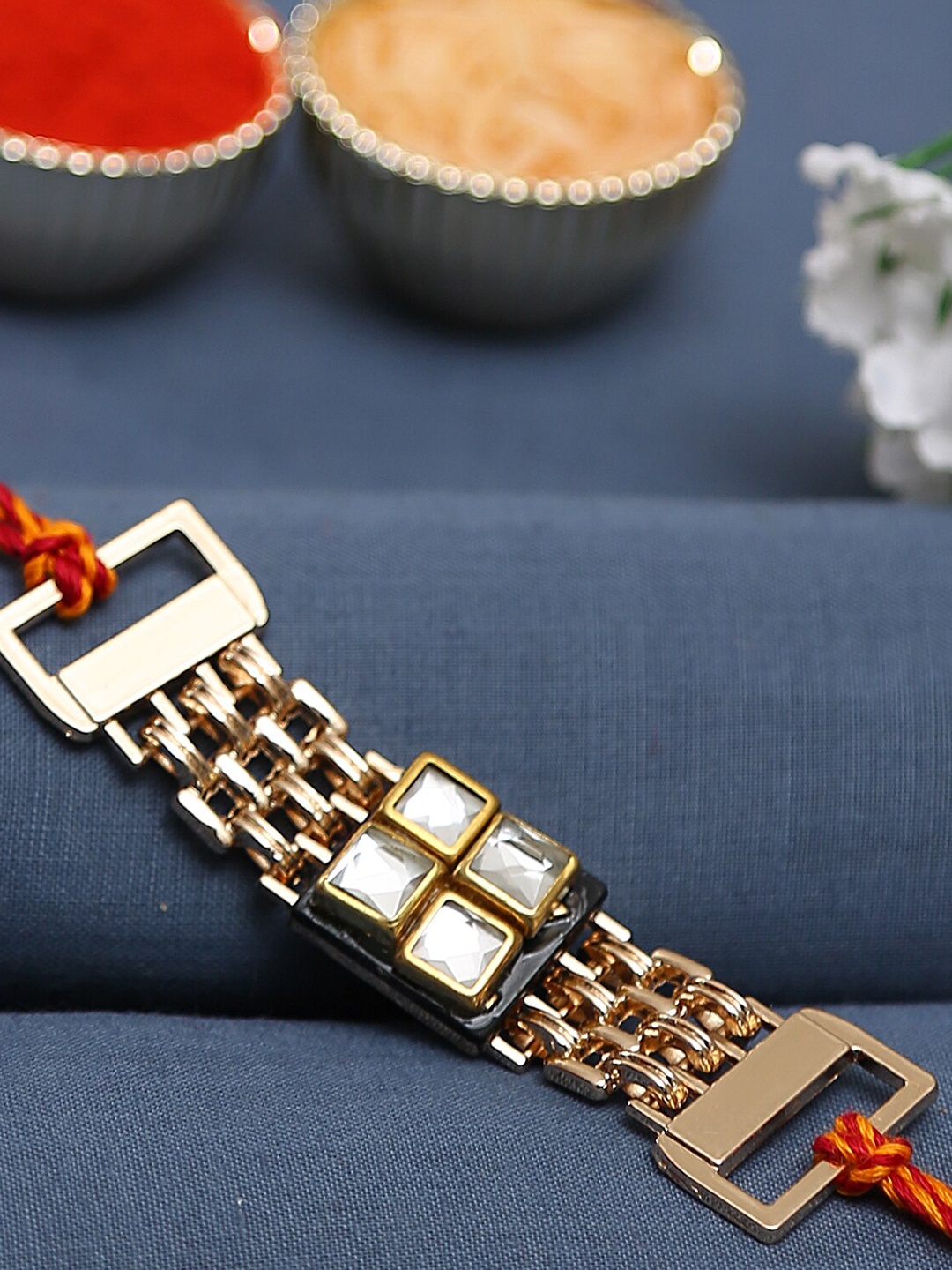 

Aapno Rajasthan Stone Studded Bracelet Style Rakhi, Gold
