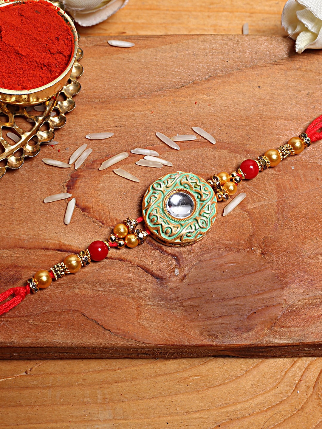 

Aapno Rajasthan Stone-Studded Textured Rakhi, Gold