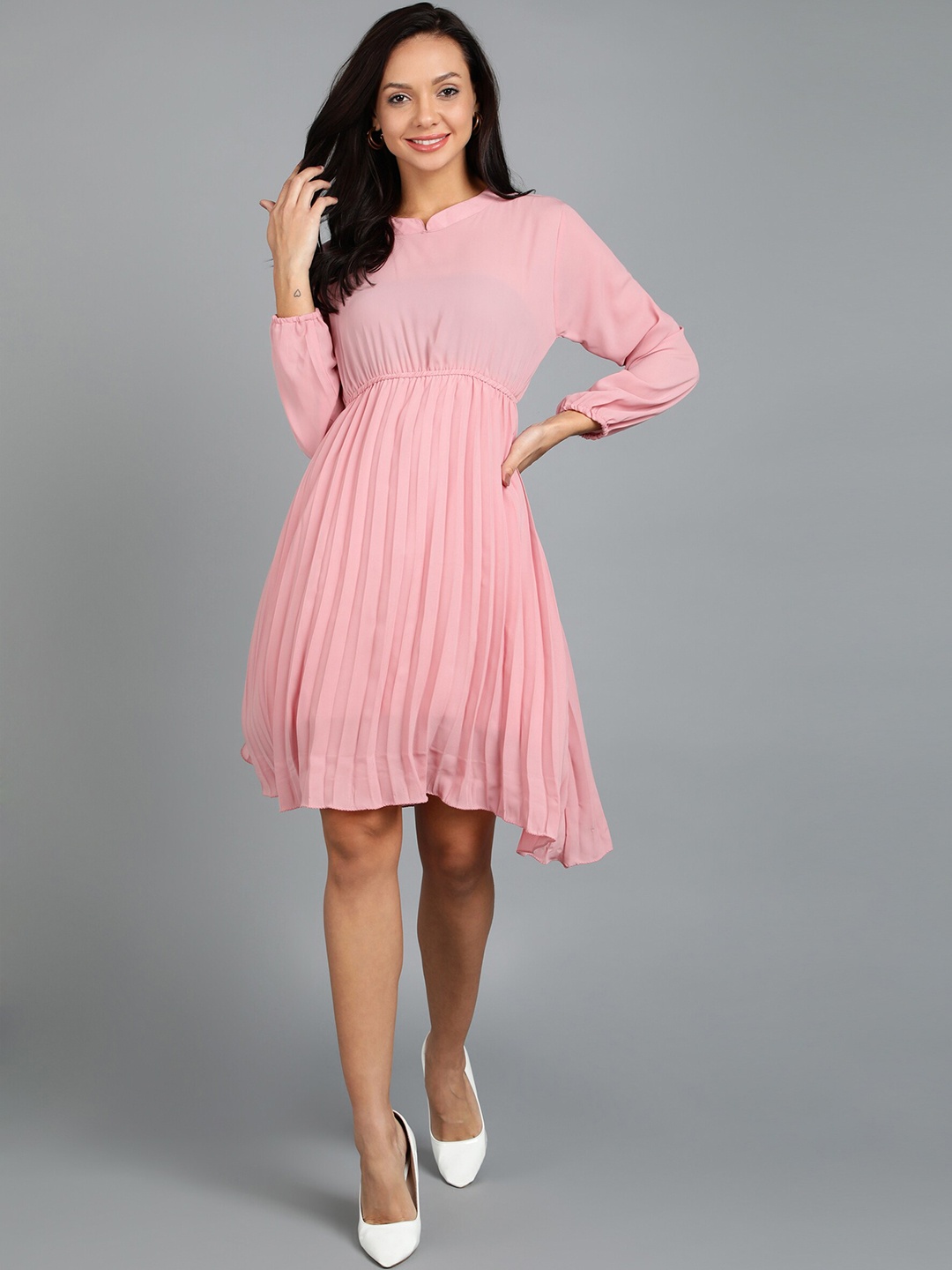 

KASHIAN Puff Sleeve Crepe Fit & Flare Accordian Pleats Midi Dress, Pink