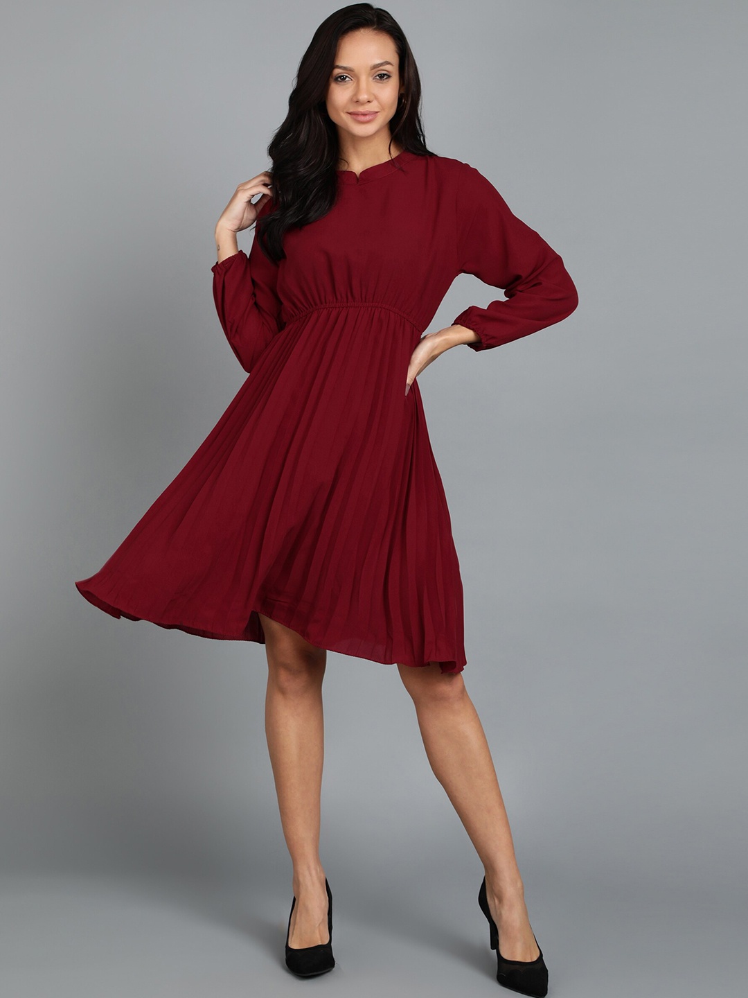 

KASHIAN Puff Sleeve Crepe Fit & Flare Accordian Pleats Dress, Maroon