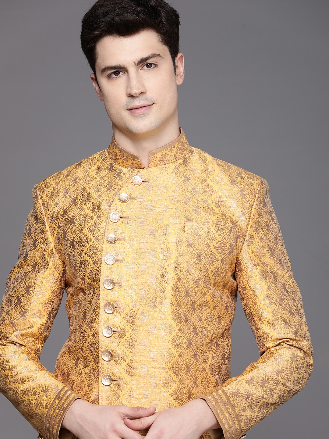 

Manu Men Self Design Full Sleeves Textured Kurta With Dhoti Indo Western Sherwani Set, Yellow