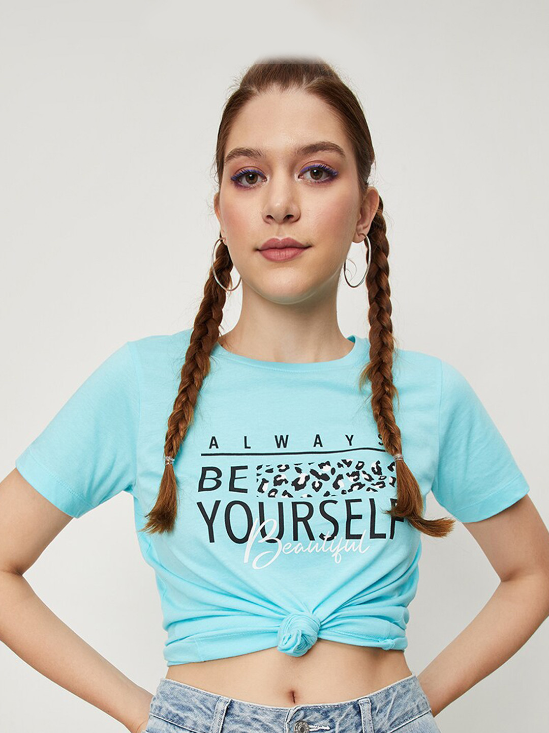 

max Typography Printed Cotton Crop T-shirt, Blue