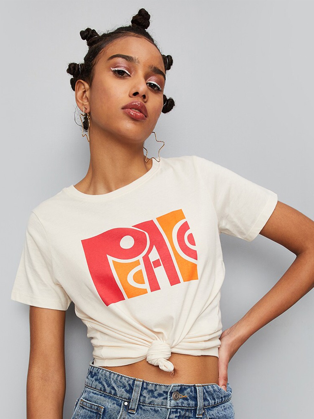 

max Typography Printed Knitted Cotton T-shirt, Cream