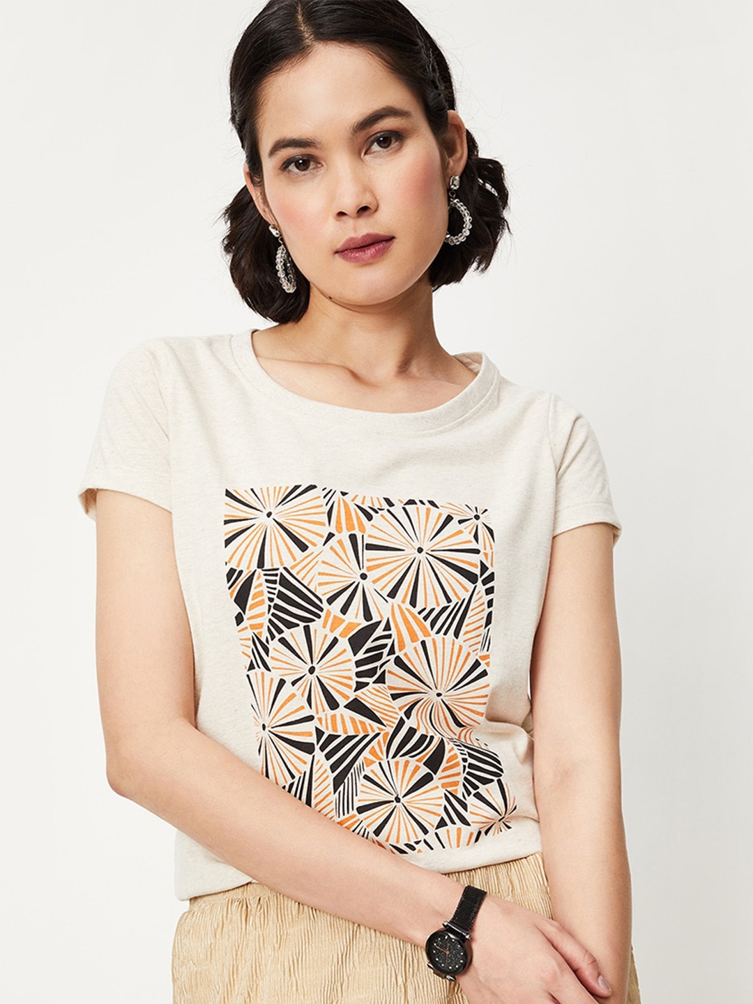 

max Geometric Printed Knitted Cotton T-shirt, Beige