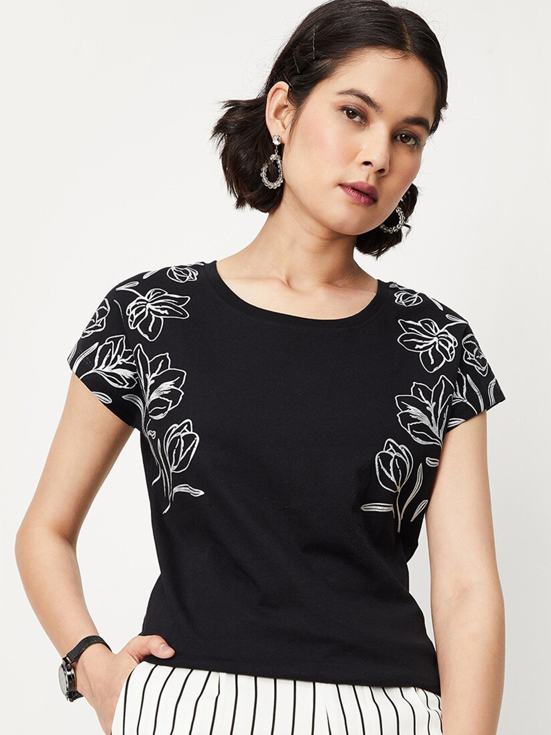 

max Floral Printed Knitted Cotton T-shirt, Black