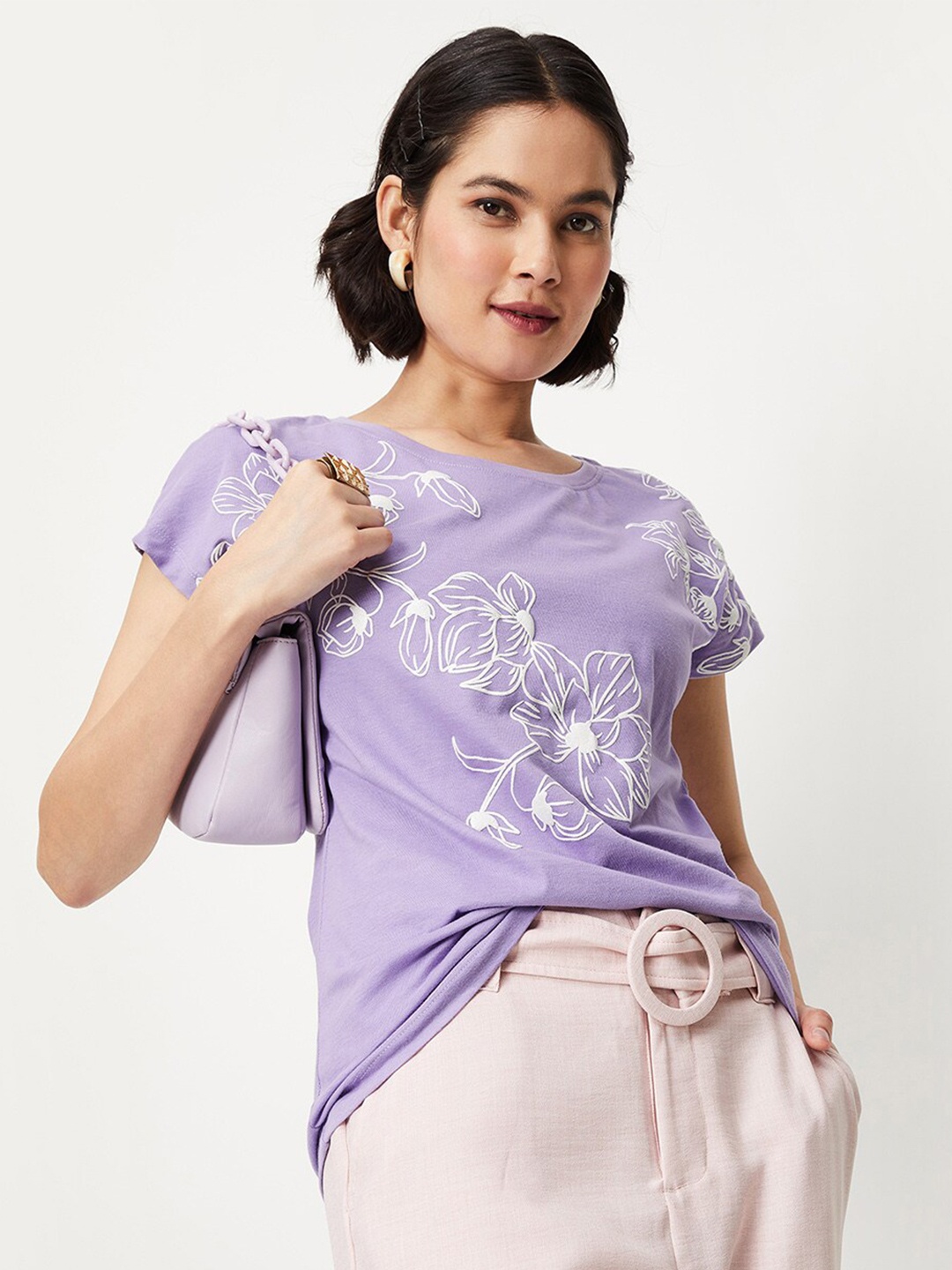 

max Women Floral Printed Knitted Cotton T-shirt, Purple
