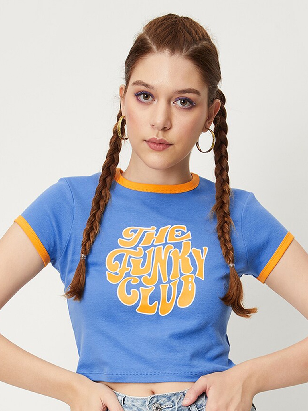 

max Women Typography Printed Crop T-shirt, Blue