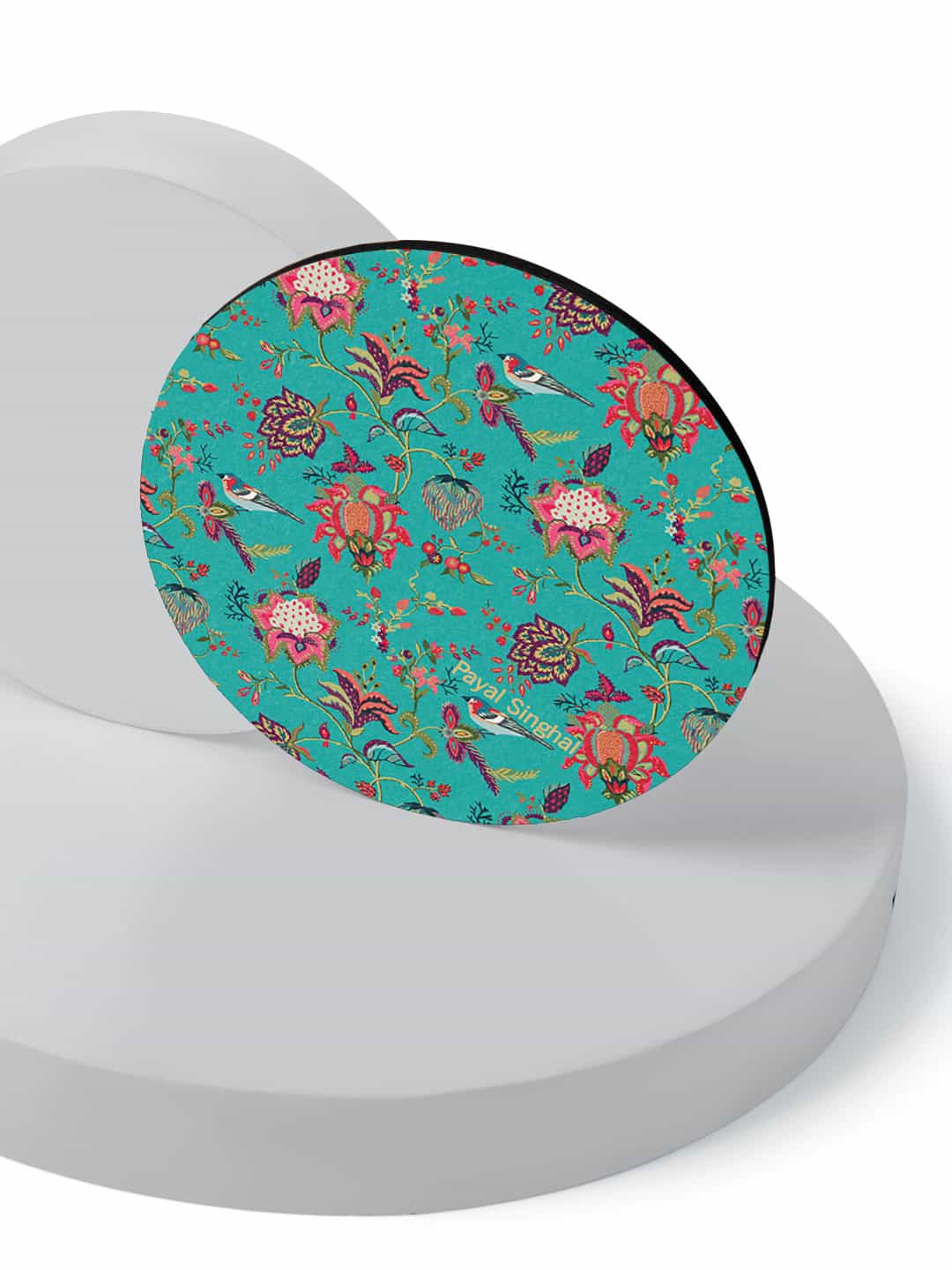 

macmerise Teal Green & Pink 6 Pieces Chidiya Design Circle MDF Wooden Coasters