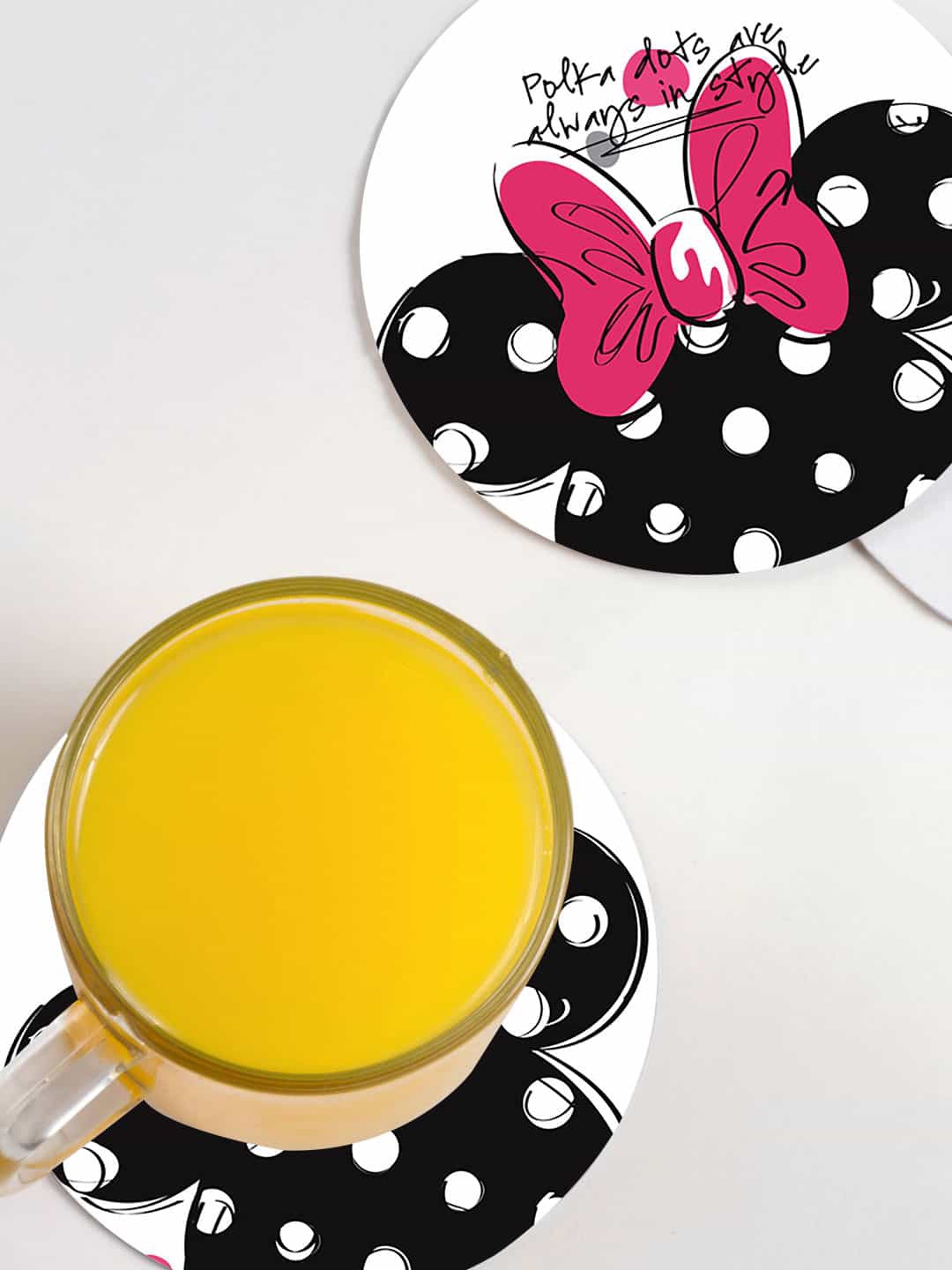 

macmerise White & Black 6-Pieces Polka Minnie Printed MDF Wooden Circular Coasters