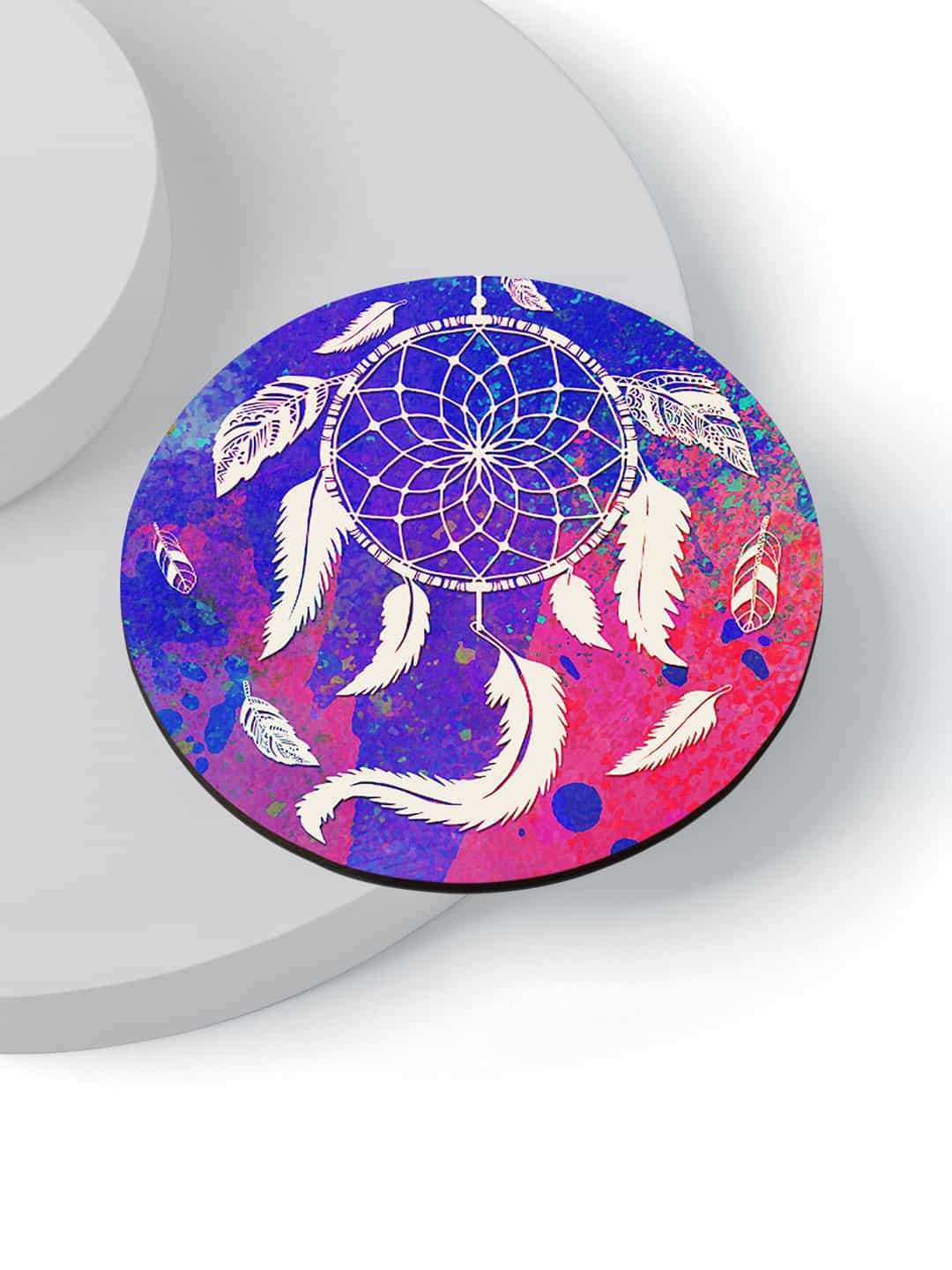

macmerise Purple & Pink 6 Pieces Dream Catcher Design Circle MDF Wooden Coasters