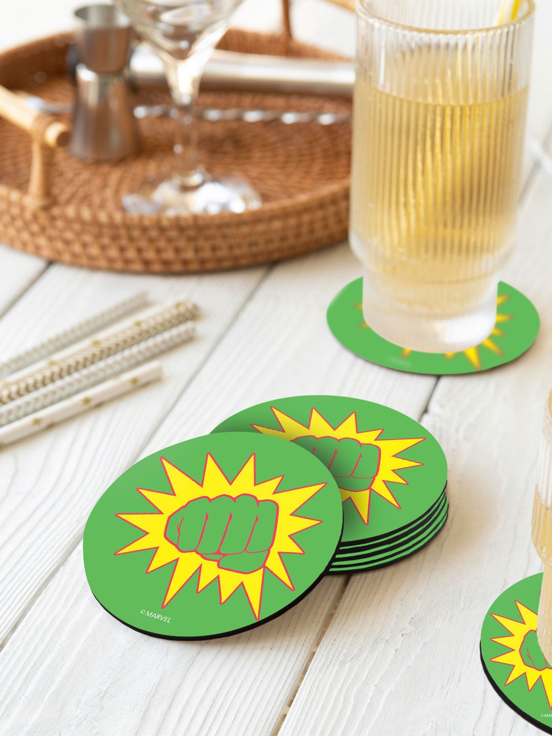 

macmerise Green & Yellow 6 Pieces She Hulk Pow Design Circle MDF Wooden Coasters