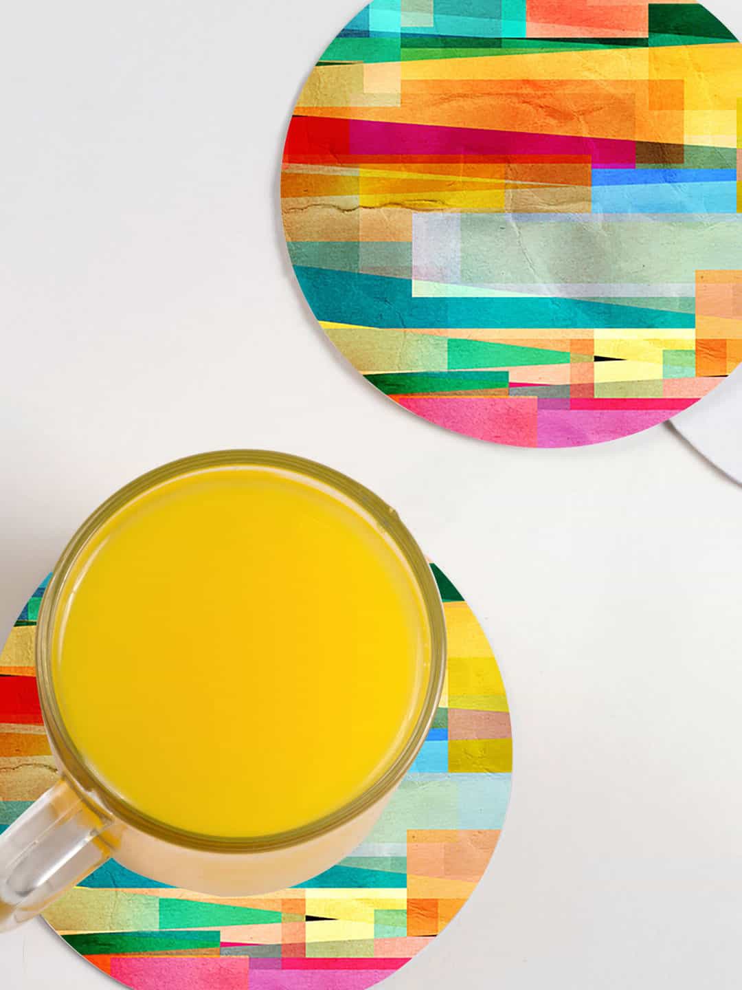 

macmerise Yellow & Pink 6-Pieces Abstract Design Printed MDF Wooden Circular Coasters