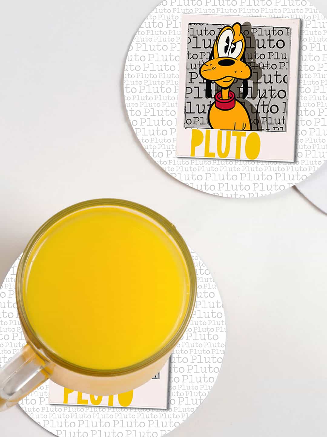 

macmerise White & Yellow 6 Pieces Hello Mr Pluto Design Circle MDF Wooden Coasters