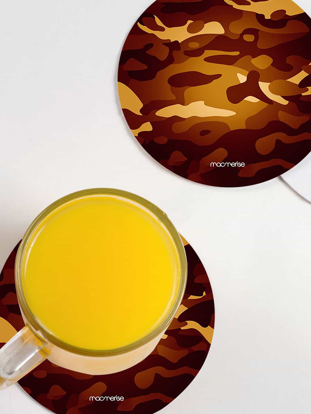 

macmerise Brown & Beige 6 Pieces Camo Saddle Design Printed MDF Wooden Circular Coasters